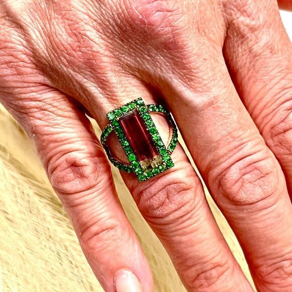 Natural Watermelon Tourmaline Tsavorite Ring 7 14k YG 4.7 TCW Certified 300684 - Picture 5 of 12